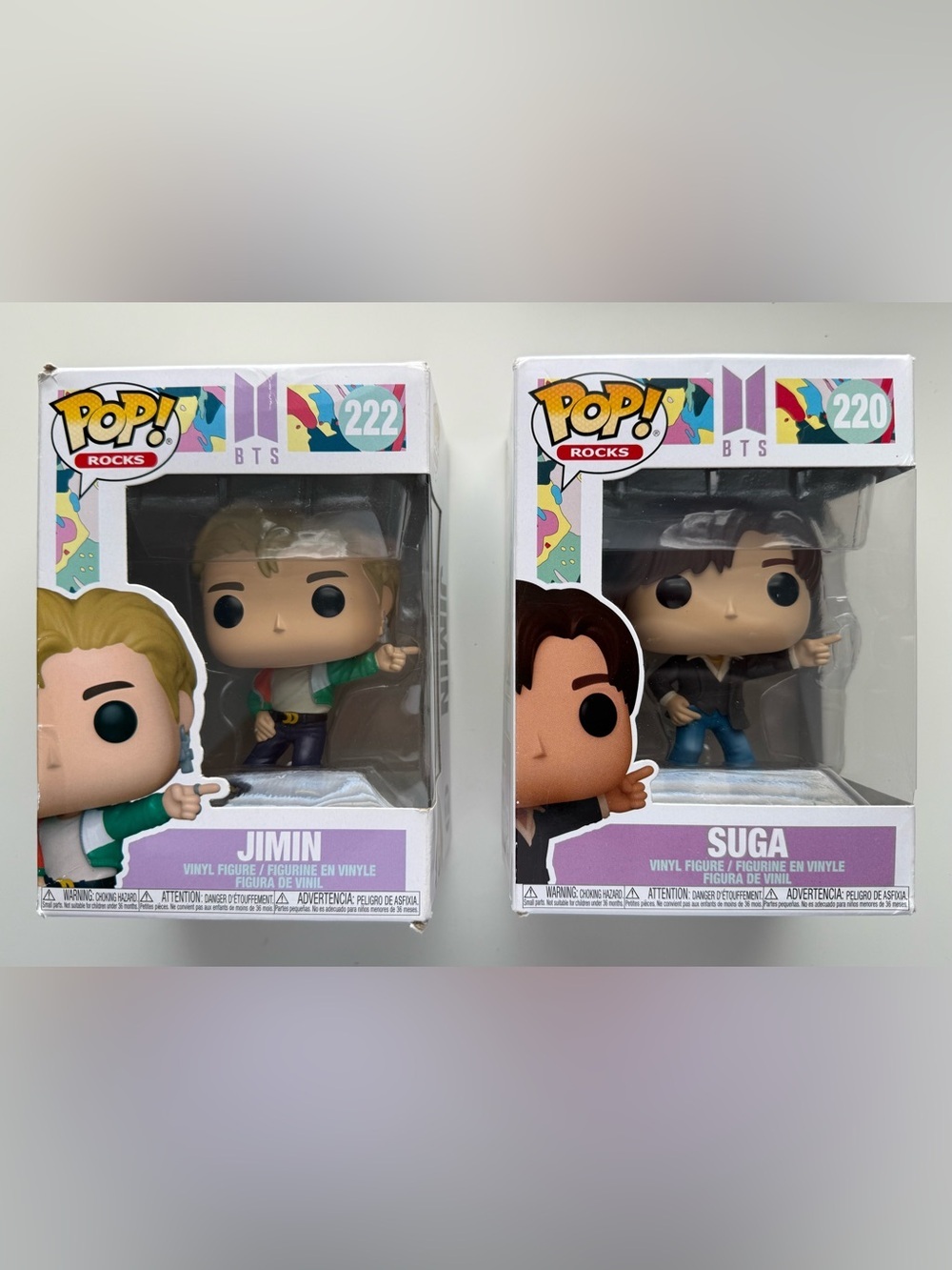 Funko POP! Rocks: BTS - Jimin [Dynamite] #222 & BTS Dynamite Suga #220